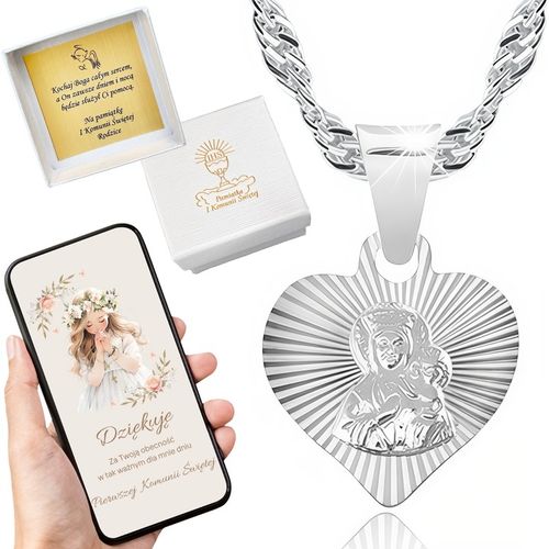 Srebrny łańcuszek 45 cm medalik serce Boska Częstochowska Komunia i Chrzest na Arena.pl