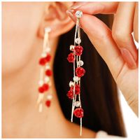 Kolczyki Sztyfty Kolor Złote Czerwone Róże Róża Cyrkonie Wiszące Retro 98mm