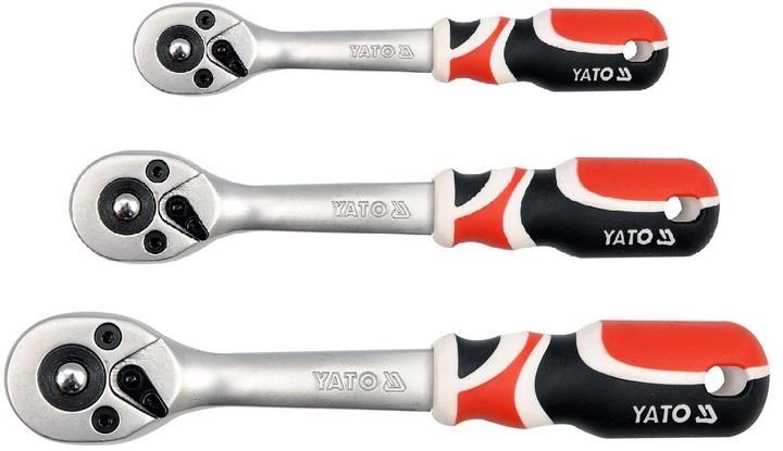 YATO ZESTAW GRZECHOTEK 3 SZTUKI 1/4" 3/8" 1/2" WYGIĘTA QUICK RELASE 72 ZĘBY zdjęcie 1
