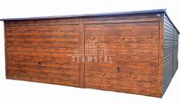 GARAŻ BLASZANY 6m x 6m poziom - spad tył - 2x Brama uchylna ciemny orzech - drewnopodobny TS276 6x6