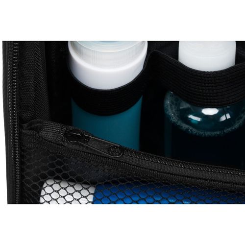 syntetyczna kosmetyczka podróżna w czarnym kolorze z haczykiem zamykana na Arena.pl