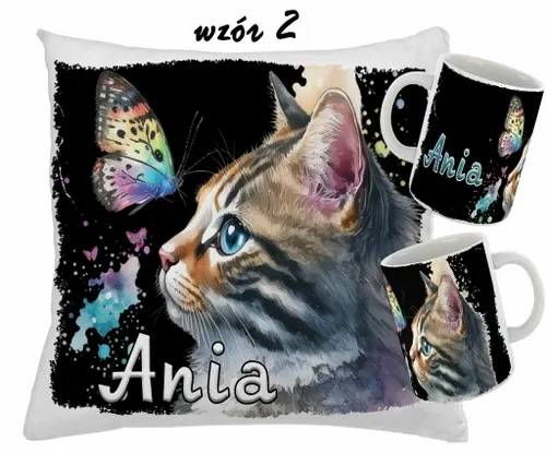 Zestaw KUBEK + PODUSZKA KOTY KOT + RÓŻNE WZORY + IMIĘ na Arena.pl