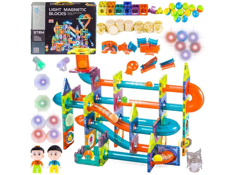Świecące Klocki Magnetyczne, Tor Kulkowy Dla Kulek 202 Elementy Kulodrom zdjęcie 1