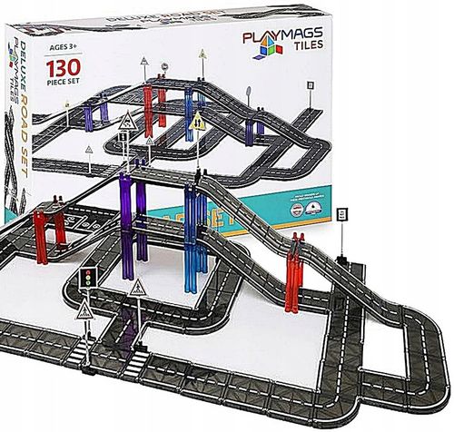 KLOCKI MAGNETYCZNE TOR SAMOCHODOWY DROGA ZNAKI DLA DZIECI PLAYMAGS 130 EL na Arena.pl
