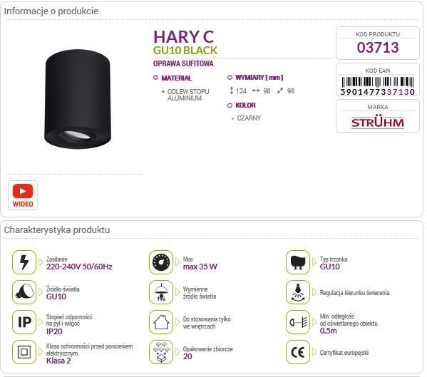 Lampa plafon HARY C czarna natynkowa 03713 GU10 Struhm zdjęcie 5