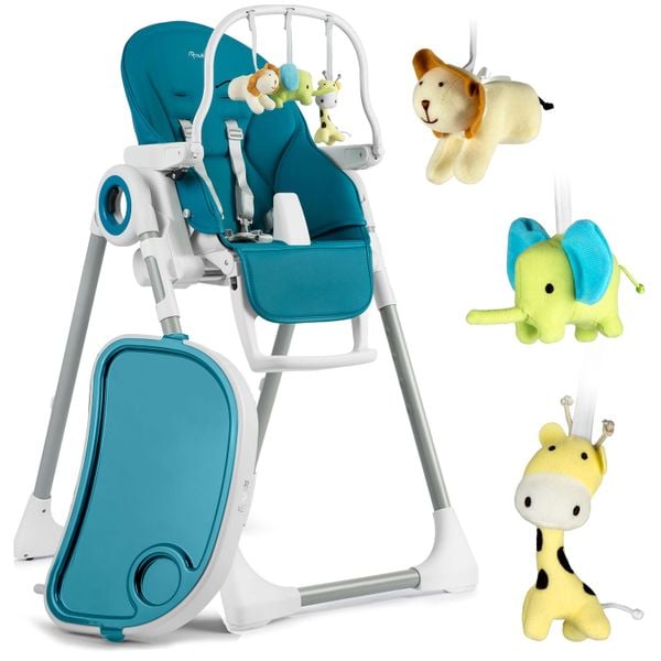 Krzesełko do karmienia ze stolikiem, leżaczek Belo ciemno niebieskie + pałąk z zabawkami zdjęcie 1