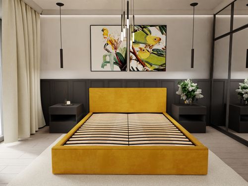 ŁÓŻKO TAPICEROWANE DO SYPIALNI 120x200 ŁÓŻKO PODWÓJNE Z POJEMNIKIEM ŻÓŁTE na Arena.pl