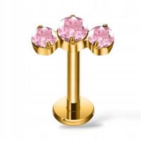 PIERCING Kolczyk ZŁOTY labret trzy różowe cyrkonie TYTAN FLAT 1.2/6