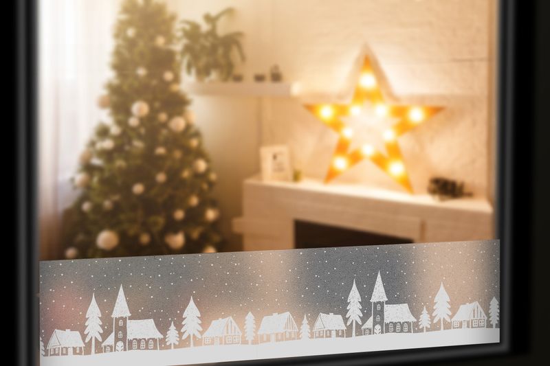 Folia Okienna Statyczna Wzór Domki Ozdoba Na Boże Narodzenie Border Na Okno zdjęcie 9