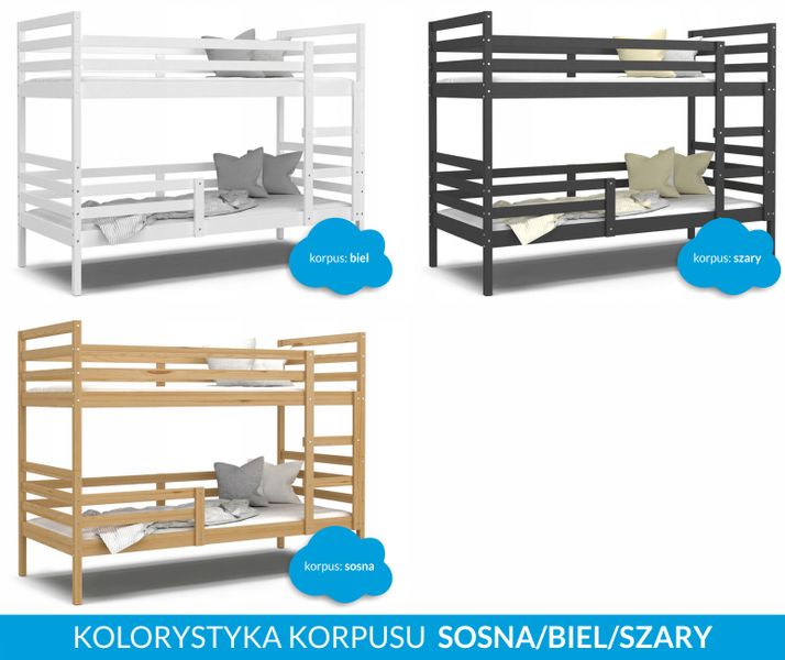 Łóżko piętrowe JACEK 190x80 + materace - szare na Arena.pl
