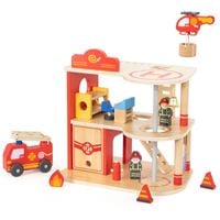 REMIZA STRAŻACKA Dla Dzieci – Drewniany Zestaw z Helikopterem i Figurkami