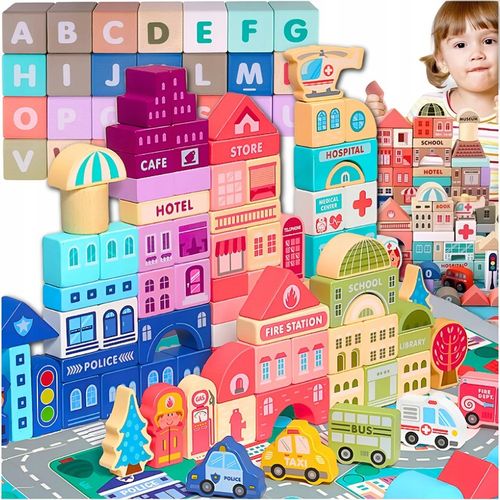 ZESTAW Klocki drewniane Miasto Auta Zestaw Puzzle Mata 115 Klocków EDU na Arena.pl