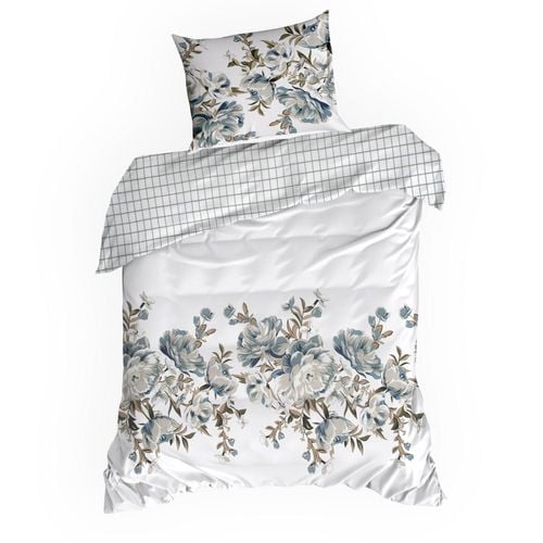 Pościel Spring  220x200 + 70x80 biała satyna kwiaty szaro-stalowe na Arena.pl