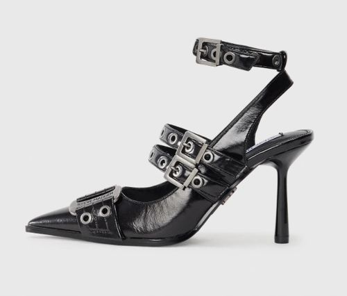 STEVE MADDEN CZÓŁENKA LAKIEROWANE CZARNE NA SZPILCE Z KLAMRAMI R39 na Arena.pl