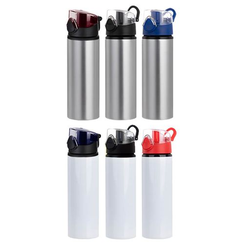 Srebrny sportowy bidon 750 ml z Twoim nadrukiem granatowa nakrętka na Arena.pl