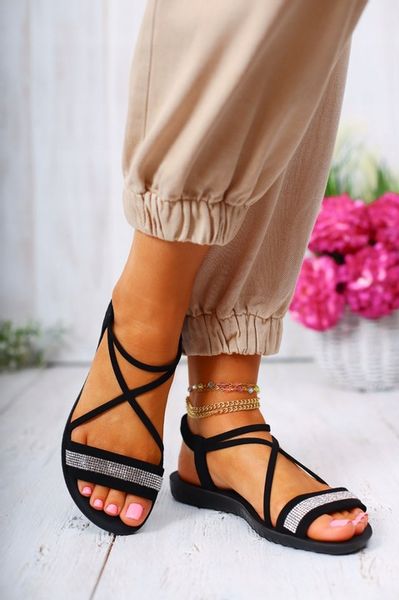 DAMSKIE SANDAŁY CZARNE LETNIE ELEGANCKIE WYGODNE CYRKONIE zdjęcie 2