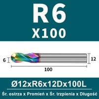 Frez kulowy, kula 2-ostrzowy VHM powłoka DLC Rozmiar: Ø12.0xR6x12Dx100L