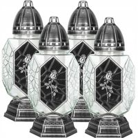 Znicze Szklane SREBRNA RÓŻA na czarnym tle BISPOL 31cm + wkład 48h - 4 szt.