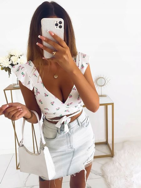 BLUZKA TOP MODNA STYLOWA KWIATY KOPERTOWY DEKOLT WIĄZANIE WZÓR 3 S/M BYSISI zdjęcie 3