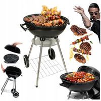 GRILL OGRODOWY WĘGLOWY Z POKRYWĄ KÓŁKA CZARNY DUŻY OKRĄGŁY POPIELNIK PÓŁKA