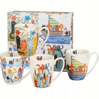 ZESTAW KUBKÓW PORCELANOWYCH KREMOWE Koci Świat 4x 360 ml PUDEŁKO PREZENT
