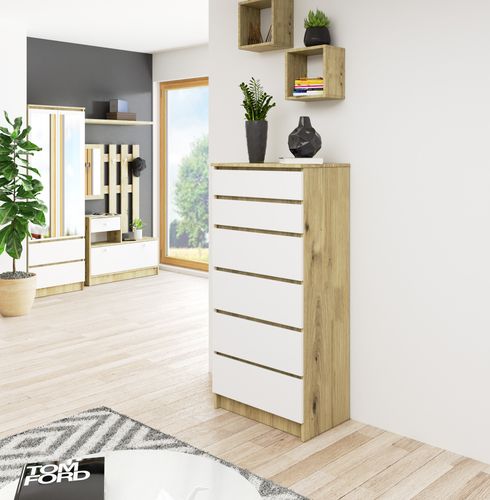 Komoda do salonu K 60 cm 6 szuflad - dąb artisan-biała na Arena.pl
