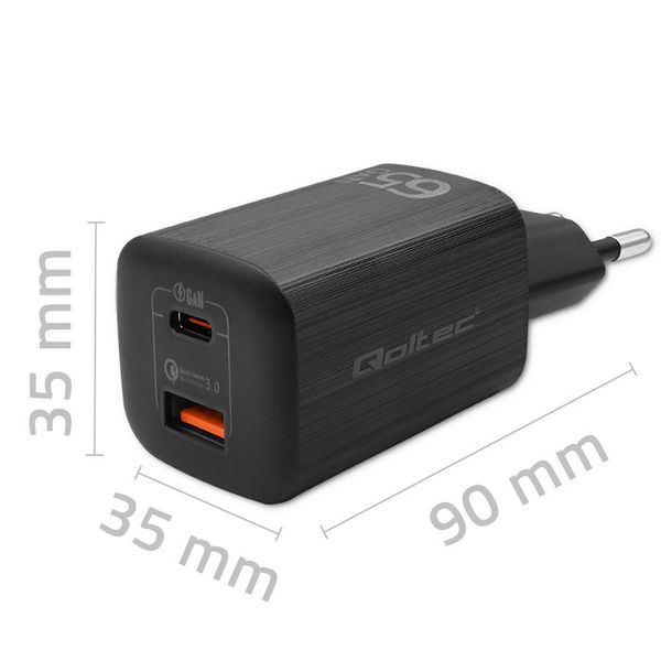 Qoltec Ładowarka sieciowa 65W GaN ULTRA | 5-20V | 2.25-3.25A | 1 x USB typ C PD | 1 x USB QC 3.0 | Czarna zdjęcie 7