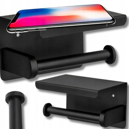 UCHWYT NA PAPIER TOALETOWY Z PÓŁKĄ CZARNY WIESZAK STALOWY ŁAZIENKA DOM WC na Arena.pl