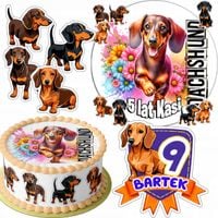 ZESTAW OPŁATEK NA TORT 20CM + 16 POSTACI - PSY Dachshund + IMIĘ 15CM 18CM
