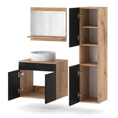 Meble Łazienkowe 90cm Szafka Umywalka Szuflady Słupek Wotan Czarny Połysk na Arena.pl