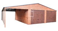 GARAŻ BLASZANY 6,5m x 6m + 3m. wiata - poziom - dwuspad 2x Brama uchylna + drzwi + 2x okno - drewnopodobny 6,5x6