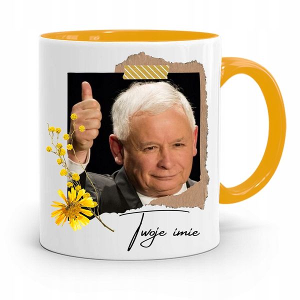 Kubek Żółty Prezent Prezesa Jarosław Kaczyński Pis Z Nadrukiem Ze Zdjęciem zdjęcie 1