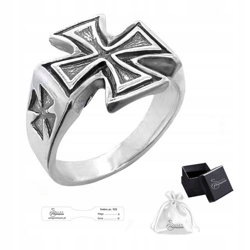 Sygnet srebrny pr. 925 Efektowny Pierścień z Krzyżem Maltańskim | r. 19 na Arena.pl