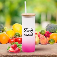 Wysoka szklanka z fioletowym dnem, bambusową pokrywką i słomką z Twoim nadrukiem