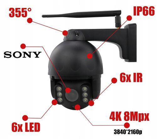 BEZPRZEWODOWA KAMERA OBROTOWA ZEWNĘTRZNA WIFI CZARNA 8Mpx 4K MONITORING DVS na Arena.pl