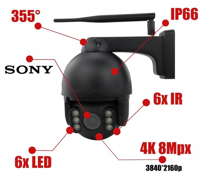 BEZPRZEWODOWA KAMERA OBROTOWA ZEWNĘTRZNA WIFI CZARNA 8Mpx 4K MONITORING DVS zdjęcie 12