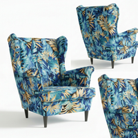 Fotel uszak skandynawski niebieski wzór tropikalny welur Print Family Meble