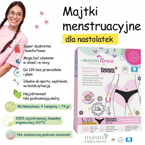 Majtki menstruacyjne ekologiczne Masmi DLA NASTOLATEK XS 100% bawełna BIO na Arena.pl