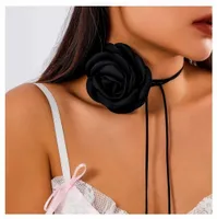 CHOKER NASZYJNIK ATŁASOWA RÓŻA CZARNA DUŻA RZEMYK