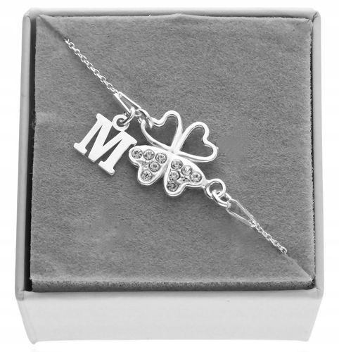 Srebrna bransoletka z koniczynką koniczynka DOWOLNA LITERKA PUDEŁKO 925 na Arena.pl