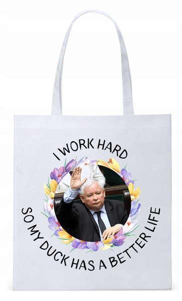 Śmieszny Pis Kaczyński Torba Eco Biała Shopper Z Nadrukiem Ze Zdjęciem zdjęcie 1