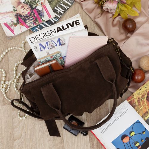 VERA PELLE torebka damska zamszowa shopper z klapą i paskiem V698 c.brązowa na Arena.pl