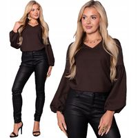 Elegancka Klasyczna Wizytowa Prosta BLUZKA W Serek Bufiaste Rękawy