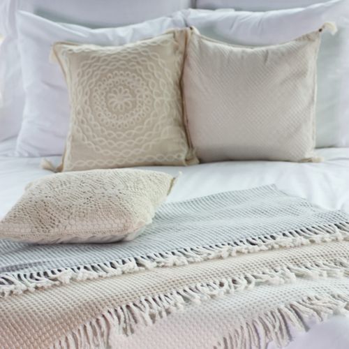 Koc bawełniany CHECK 150x200 kremowy z frędzlami na Arena.pl