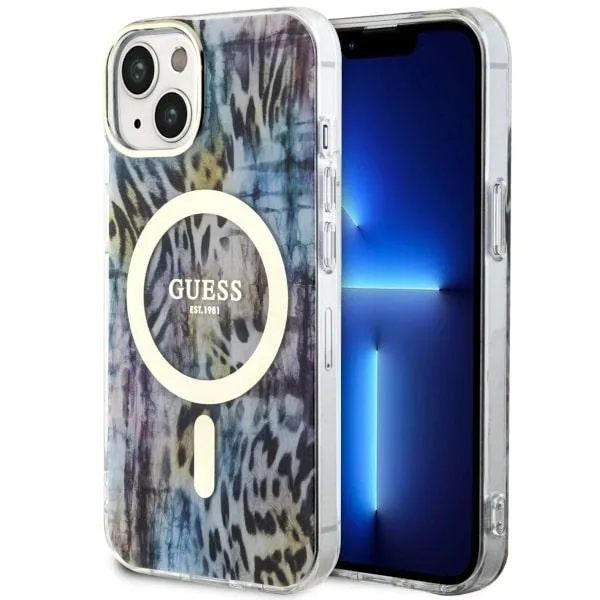 Etui Guess Leopard MagSafe na iPhone 14 - niebieskie zdjęcie 1