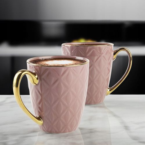 CERAMICZNY KUBEK NA KAWĘ HERBATĘ WRZOSOWY ZDOBIONY ZE ZŁOTYM UCHEM 360ML na Arena.pl