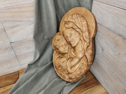 Płaskorzeźba drewniana obraz prezent na komunie chrzest Maryja obraz 80 cm na Arena.pl