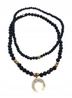 Podwójna bransoletka z czarnych koralików zawieszka księżyc kolor złoty