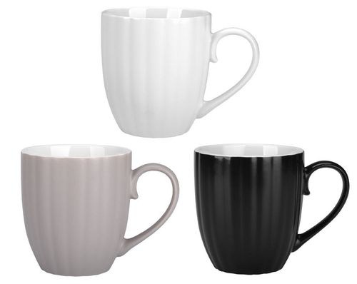 Komplet 3 kubków porcelanowych 380 ml biały czarny i beżowy mat wzór prążki na Arena.pl