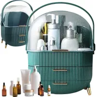 Organizer na kosmetyki z szufladami pojemny zielony kuferek z uchwytem